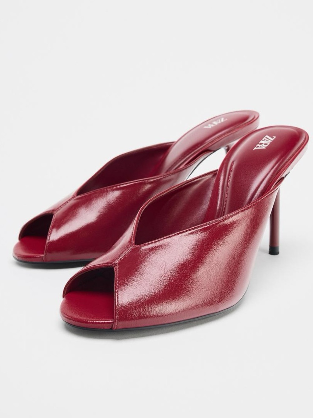 ZARA Burgundy Open-Toe Patent Mule Heels